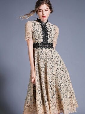 Elegant Beige Lace Midi Dress with Black Trim